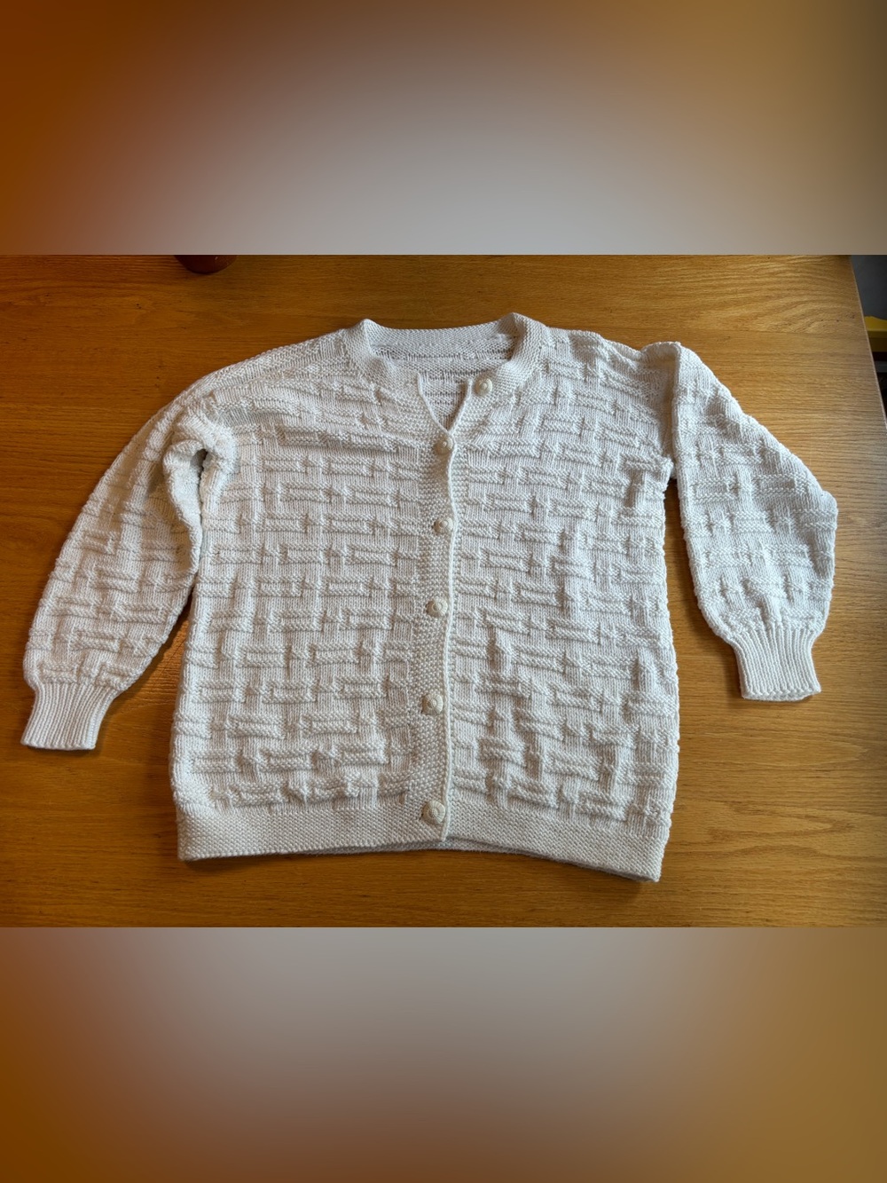 Vintage Cream Basketweave Grid Textured Hand Knit Cardigan Sweater